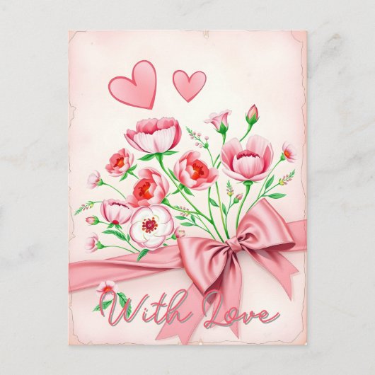 Elegant roze en witte bloemenboeket met harten briefkaart (Voorkant)