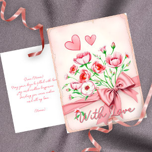 Elegant roze en witte bloemenboeket met harten briefkaart
