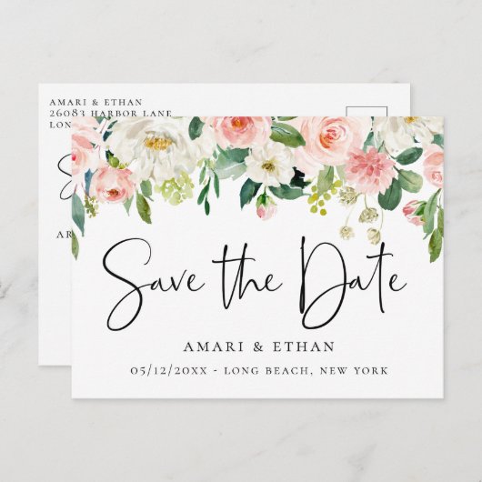 Elegant Roze en Witte Floral sparen de Datum Aankondigingskaart (Voorkant / Achterkant)