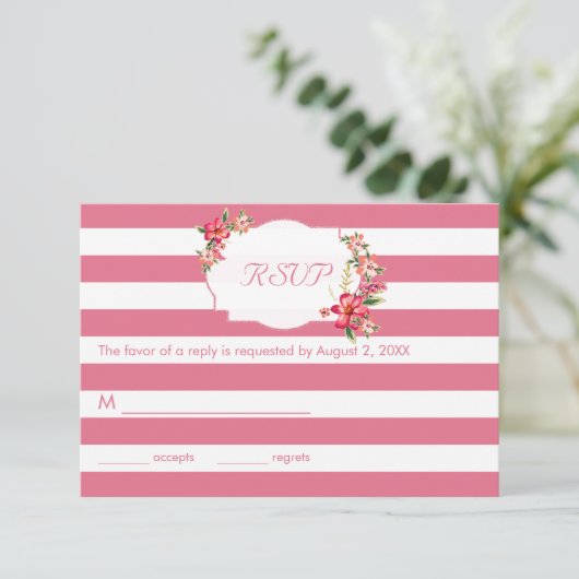 Elegant roze en witte strepen met Bouquet-RSVP RSVP Kaartje (Staand voorkant)