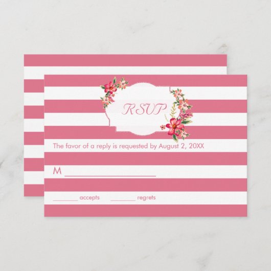 Elegant roze en witte strepen met Bouquet-RSVP RSVP Kaartje (Voorkant / Achterkant)