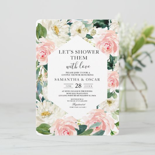 Elegant roze en witte Waterverf Floral Lijst Kaart (Staand voorkant)