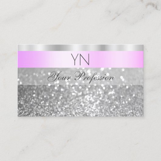Elegant Roze en Zilver Mousserend Glitter Monogram Visitekaartje (Voorkant)