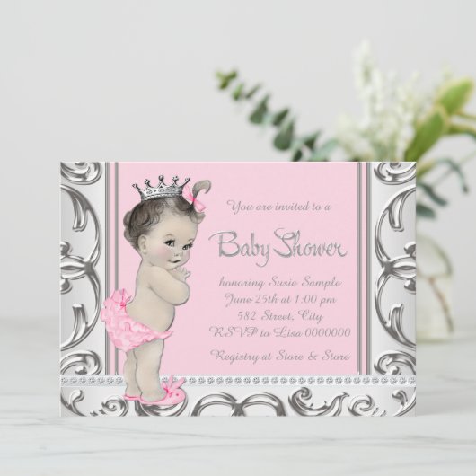 Elegant roze en zilveren Baby shower Kaart (Staand voorkant)