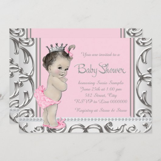 Elegant roze en zilveren Baby shower Kaart (Voorkant / Achterkant)