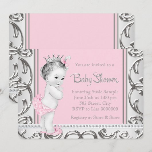 Elegant roze en zilveren Baby shower Kaart (Voorkant / Achterkant)