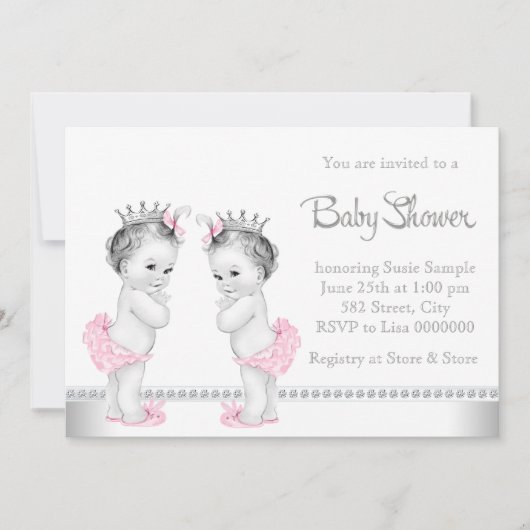 Elegant roze en zilveren Twin Girl Baby shower Kaart (Voorkant)