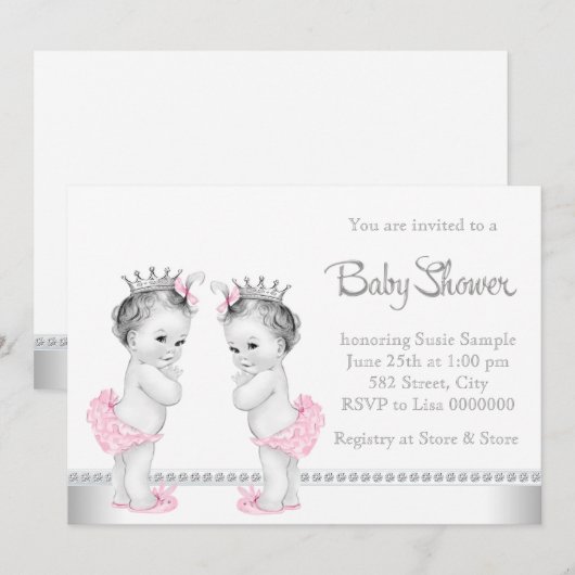 Elegant roze en zilveren Twin Girl Baby shower Kaart (Voorkant / Achterkant)
