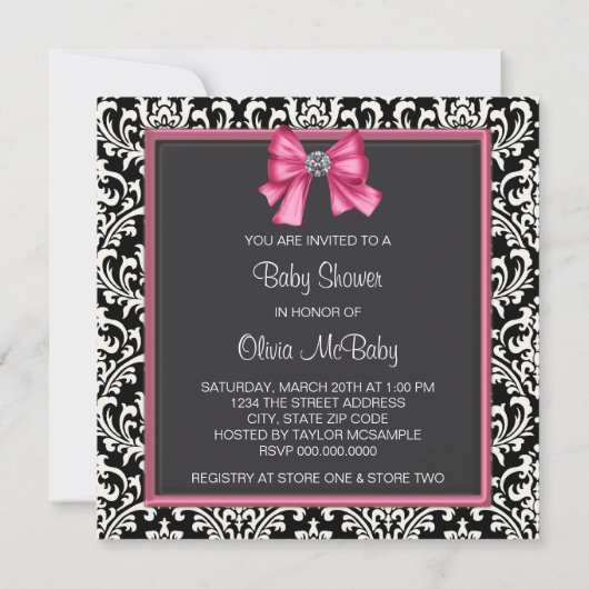 Elegant roze en zwart Damask Baby shower Kaart (Achterkant)