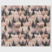 Elegant roze en zwart kerstdorp cadeaupapier (Vlak)