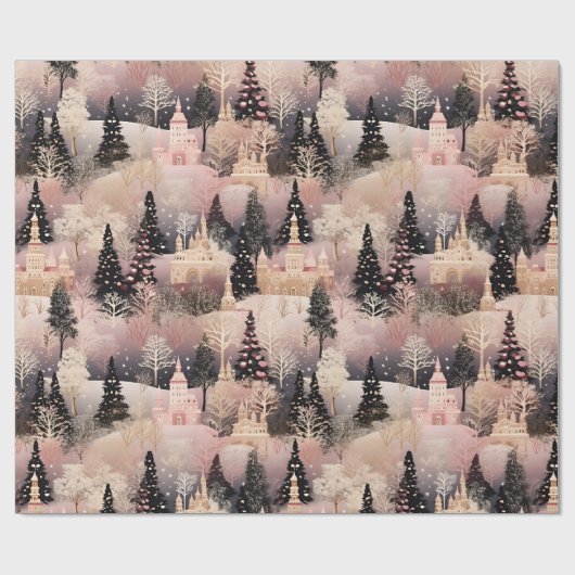 Elegant roze en zwart kerstdorp cadeaupapier (Vlak)