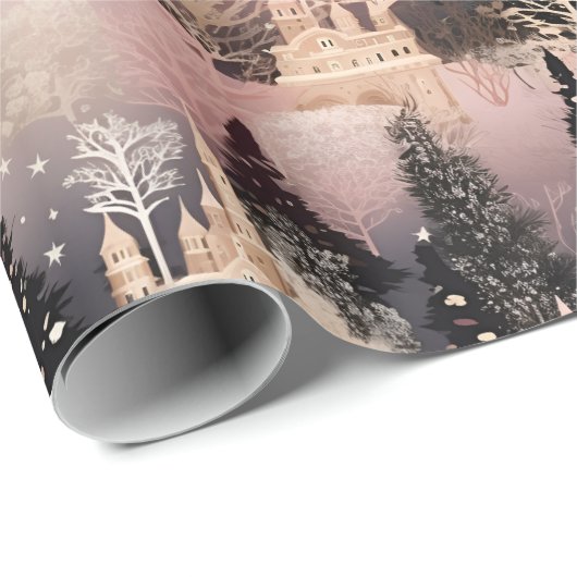 Elegant roze en zwart kerstdorp cadeaupapier (Rol Hoek)