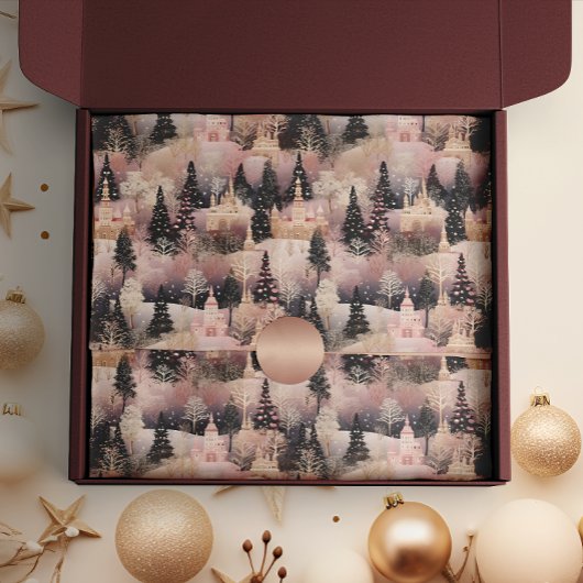 Elegant roze en zwart kerstdorp tissuepapier