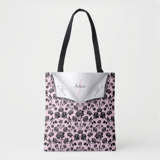 Elegant Roze en Zwart Roos Monogram Naam Tas (Voorkant)