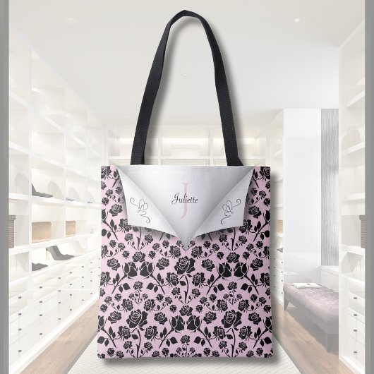 Elegant Roze en Zwart Roos Monogram Naam Tas