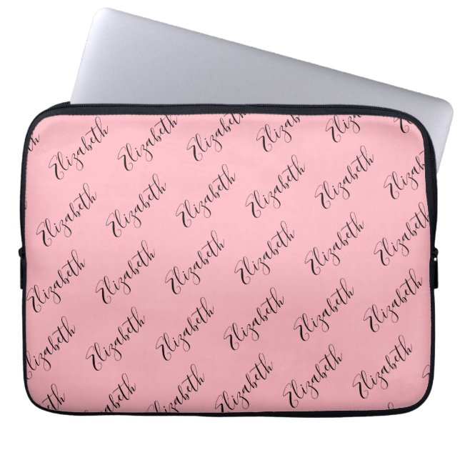 Elegant roze en zwart script naampatroon laptop sleeve (Voorkant)