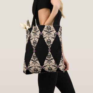 Elegant roze en zwarte diamanten Damaskpatroon Tote Bag