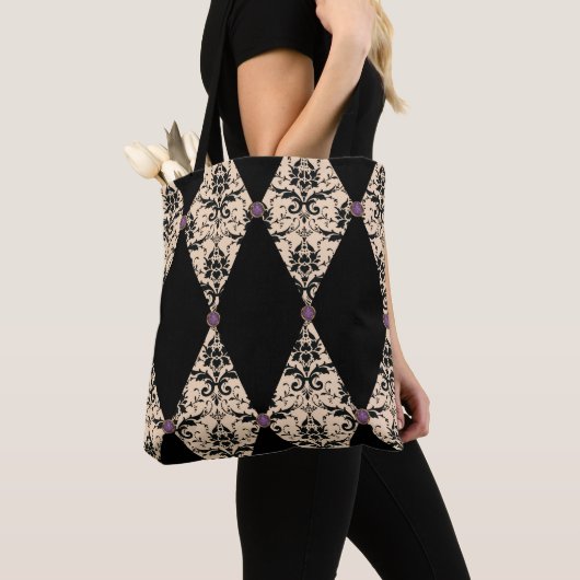Elegant roze en zwarte diamanten Damaskpatroon Tote Bag (Dichtbij)