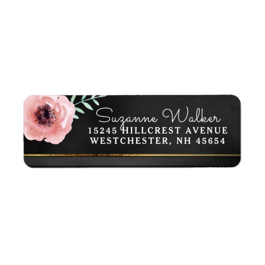 Elegant roze en zwarte Floral met Gold Address Etiket (Voorkant)