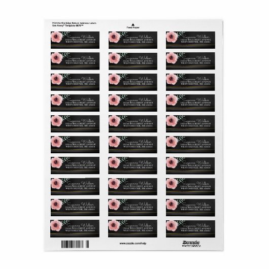 Elegant roze en zwarte Floral met Gold Address Etiket (Full Sheet)