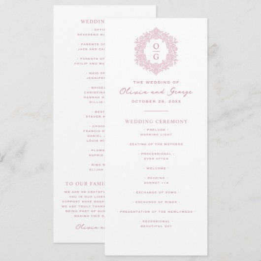 Elegant Roze Erfstuk Bruiloft Programmakaart (Voorkant / Achterkant)