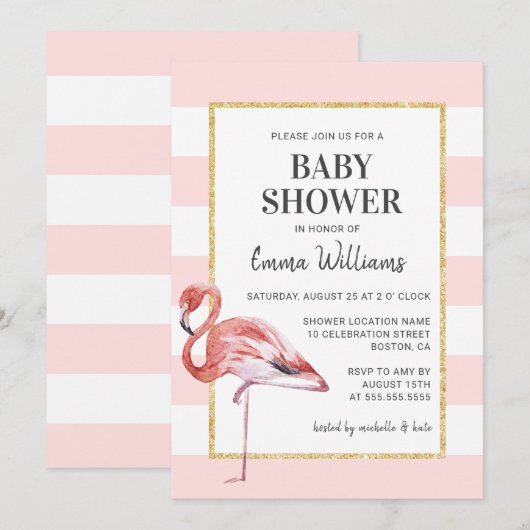 Elegant roze flamingo Baby Shower Invitations Kaart (Voorkant / Achterkant)