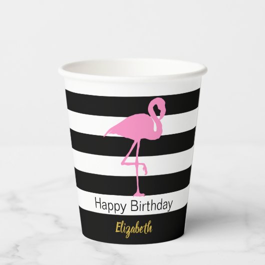 Elegant roze flamingo Black en White Stripes Name Papieren Bekers (Achterkant)