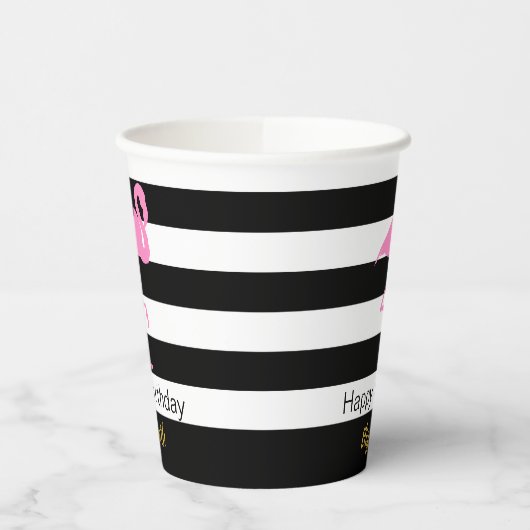 Elegant roze flamingo Black en White Stripes Name Papieren Bekers (Links)