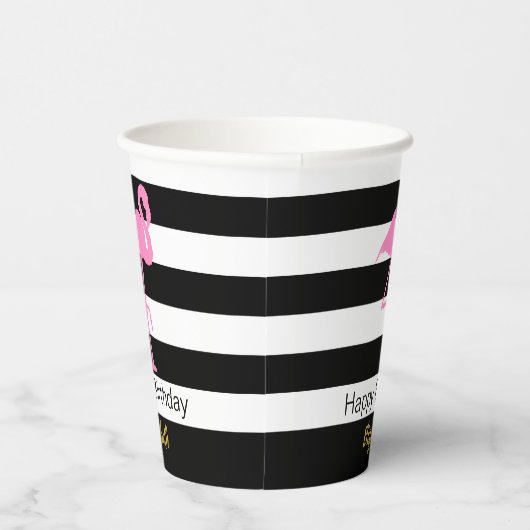 Elegant roze flamingo Black en White Stripes Name Papieren Bekers (Rechts)