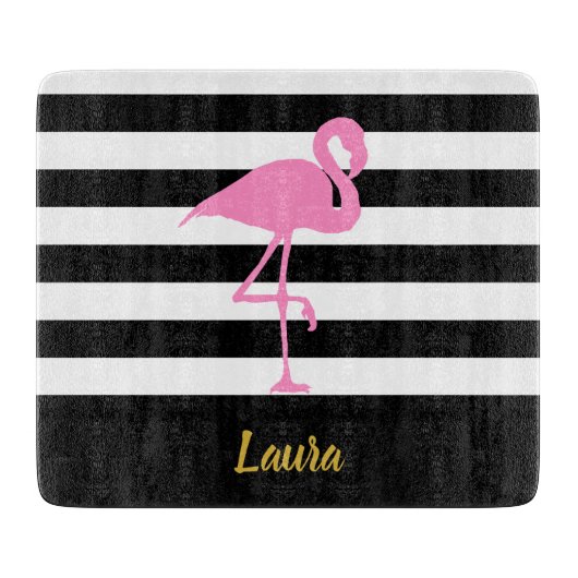 Elegant roze flamingo Black White Gold Script Name Snijplank (Voorkant)