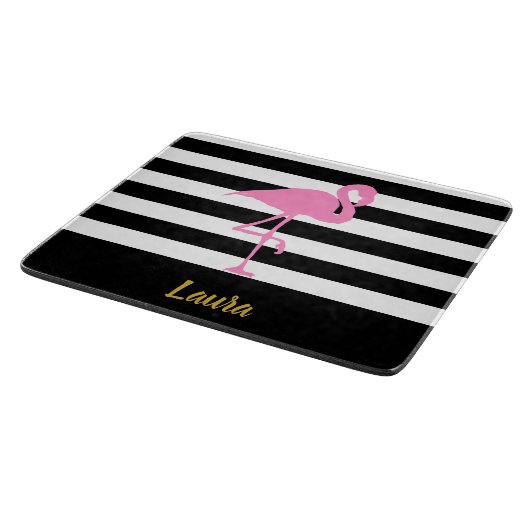 Elegant roze flamingo Black White Gold Script Name Snijplank (Hoek)