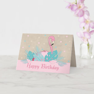 Elegant roze flamingo en tropische bladeren kaart