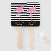 Elegant roze flamingo op zwarte en witte strepen handwaaier (Voorkant en achterkant)