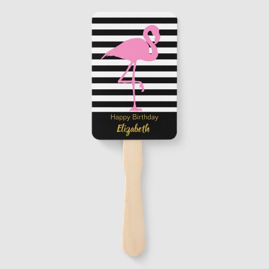 Elegant roze flamingo op zwarte en witte strepen handwaaier (Achterkant)