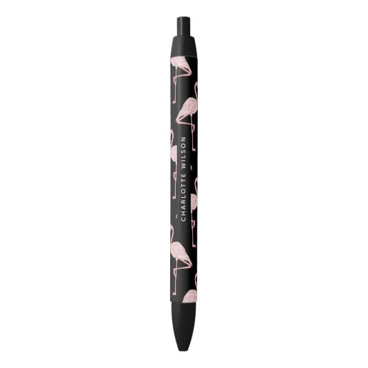 Elegant Roze Flamingo Patroon Script Naam Monogram Blauwe Inkt Pen (Voorkant Verticaal)