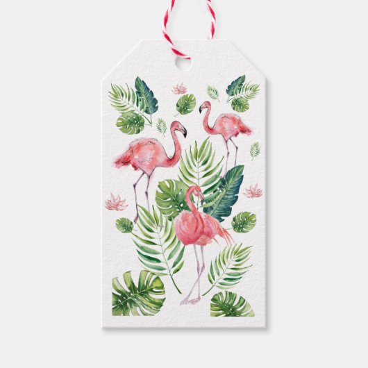 Elegant roze flamingo Tropical Leaves Pattern Cadeaulabel (Voorkant)
