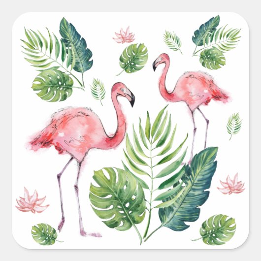      Elegant roze flamingo Tropical Leaves Pattern Vierkante Sticker (Voorkant)