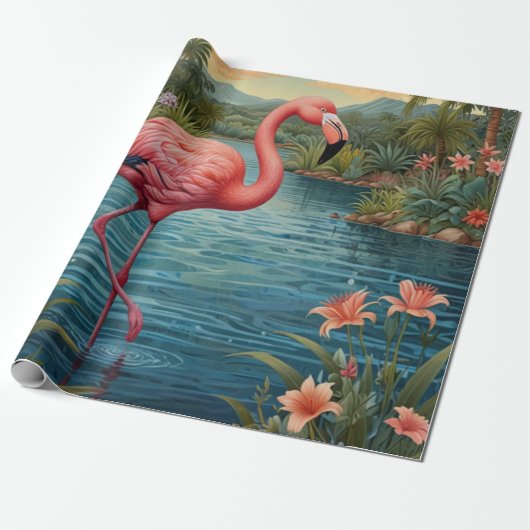 Elegant roze flamingo tropisch paradijs cadeaupapier (Uitgerold)