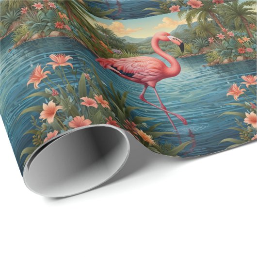 Elegant roze flamingo tropisch paradijs cadeaupapier (Rol Hoek)