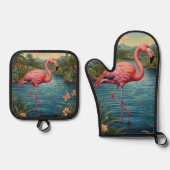 Elegant roze flamingo tropisch paradijs ovenwant & pannenlap set (Voorkant)