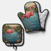 Elegant roze flamingo tropisch paradijs ovenwant & pannenlap set (Voorkant / Achterkant)