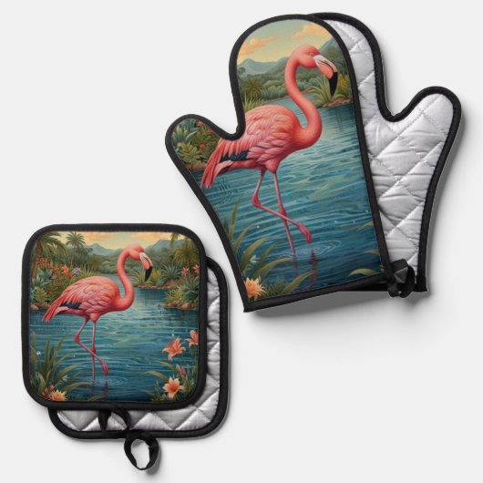 Elegant roze flamingo tropisch paradijs ovenwant & pannenlap set (Voorkant / Achterkant)