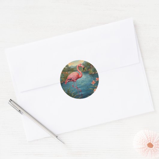 Elegant roze flamingo tropisch paradijs ronde sticker (Envelop)