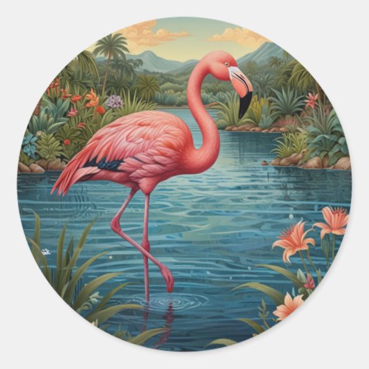 Elegant roze flamingo tropisch paradijs ronde sticker (Voorkant)