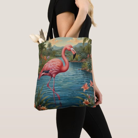Elegant roze flamingo tropisch paradijs tote bag (Dichtbij)