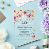 Elegant roze Floral 100e verjaardag Acryl Uitnodigingen (Insitu (Huwelijk))