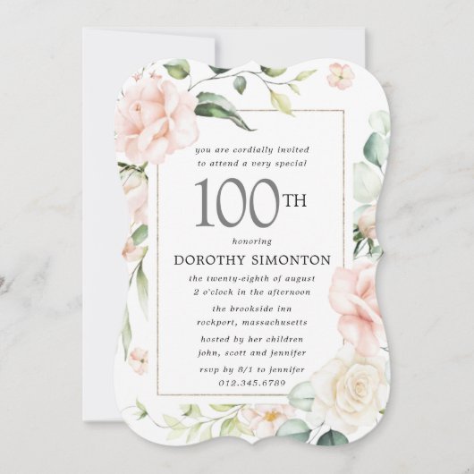 Elegant roze Floral 100e verjaardag Kaart (Voorkant)