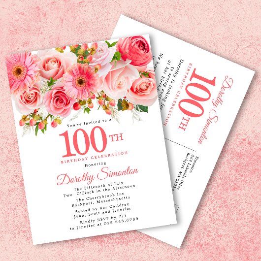 Elegant roze Floral 100e verjaardag Uitnodiging Briefkaart