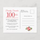 Elegant roze Floral 100e verjaardag Uitnodiging Briefkaart (Achterkant)