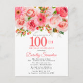 Elegant roze Floral 100e verjaardag Uitnodiging Briefkaart (Voorkant)